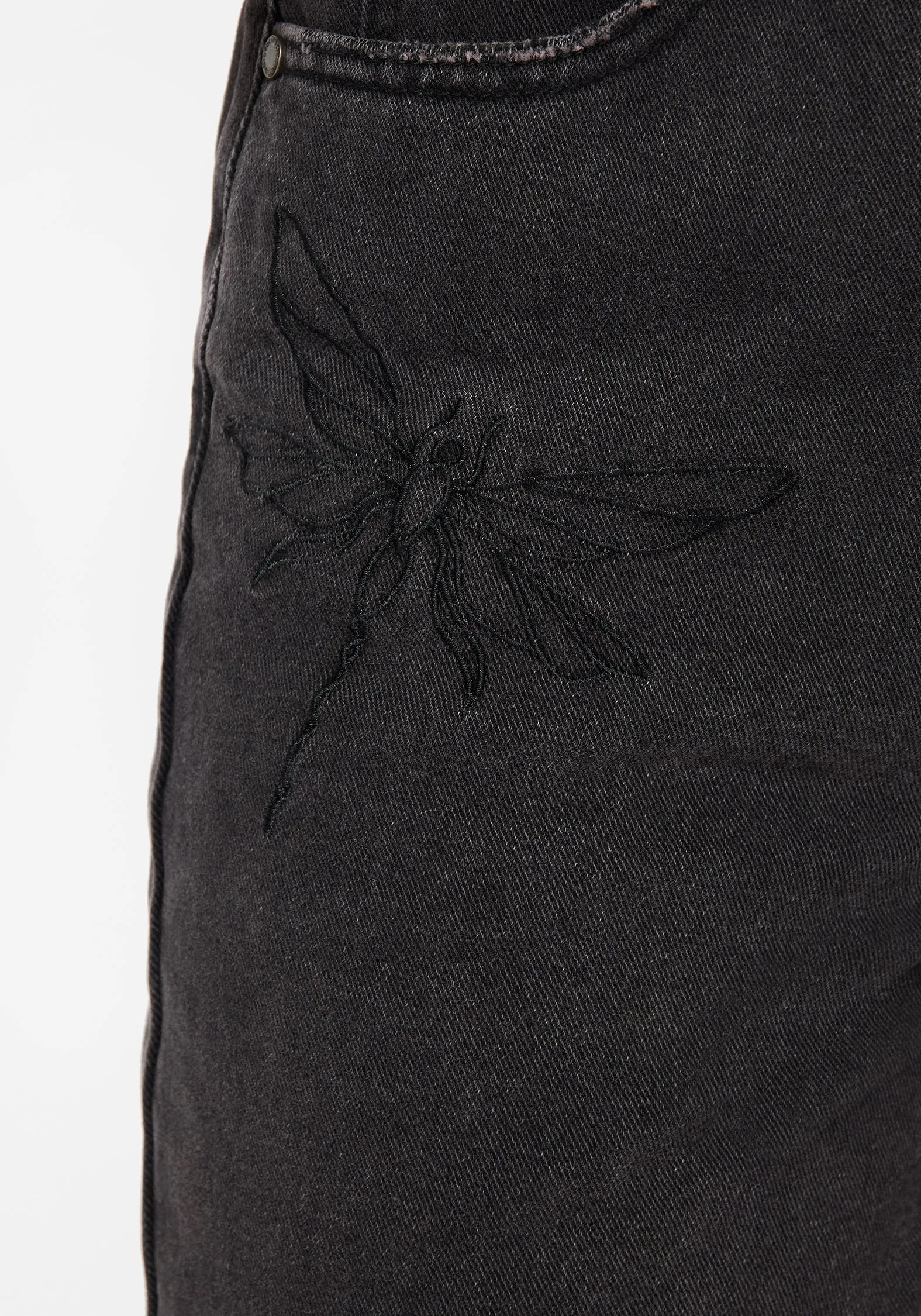 Dragonfly Embroidered Wide Leg Denim Culotte Jeans Reinforced Belt Loops