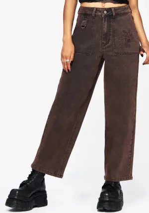 Trend Neutral Cool Classic Echo Autumnal Leaf Embroidered Pocket Detail Cropped Jeans