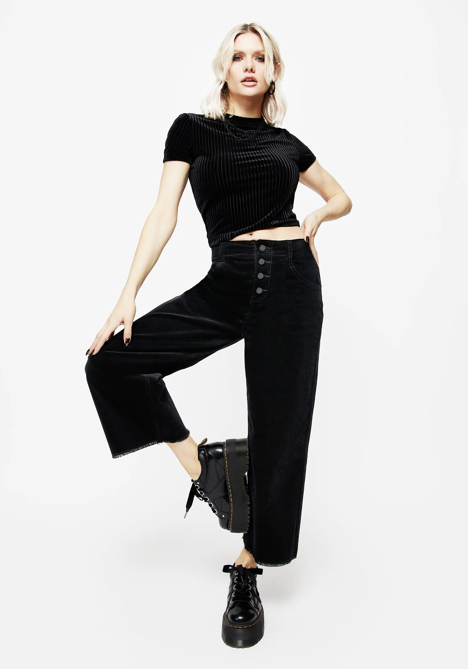 Light Layers Daily Wear Nature Lover Foster Wide Leg Cord Crop Jeans - Black