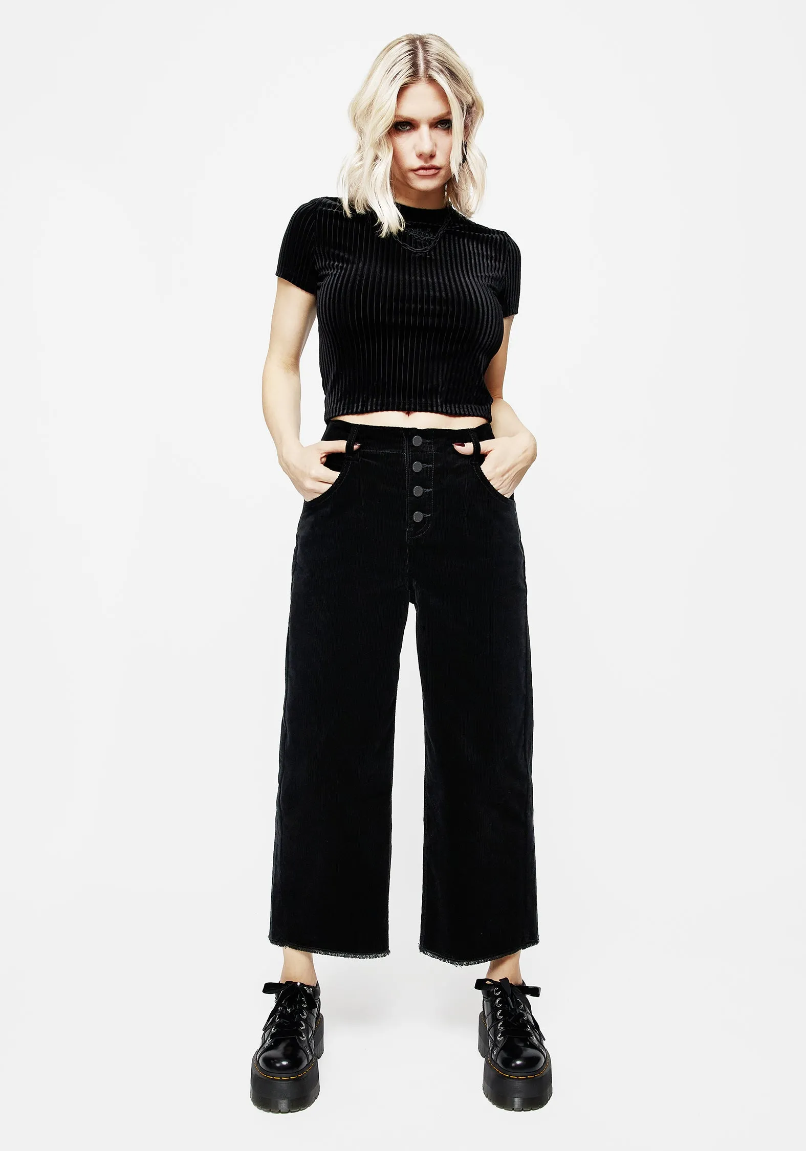 Foster Wide Leg Cord Crop Jeans - Black Weekend Getaway Stylish Subtle Detail