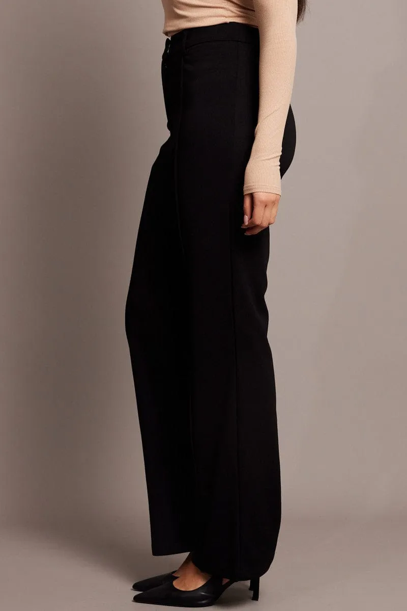Seamless Waistband Black Straight Fit Pants High Rise Workwear