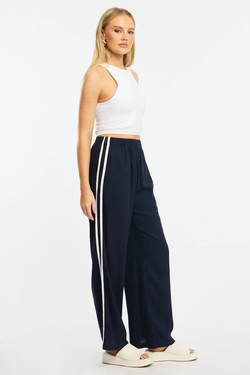 Blue Wide Leg Pants Side Stripe Stylish Appearance Statement Piece