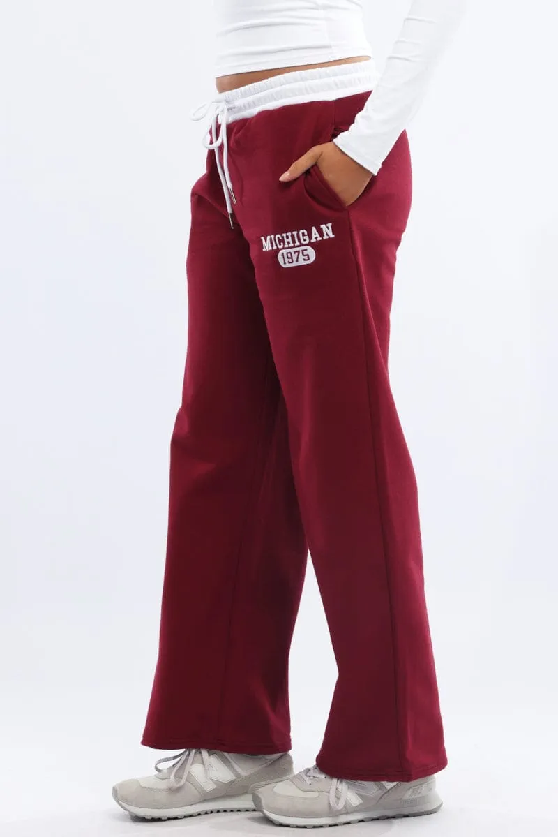 AbrasionResistant Basic Style Red Track Pants Wide Leg