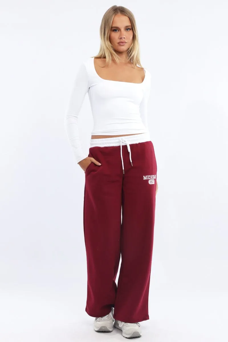 Red Track Pants Wide Leg Curved Waistline Flexible Design