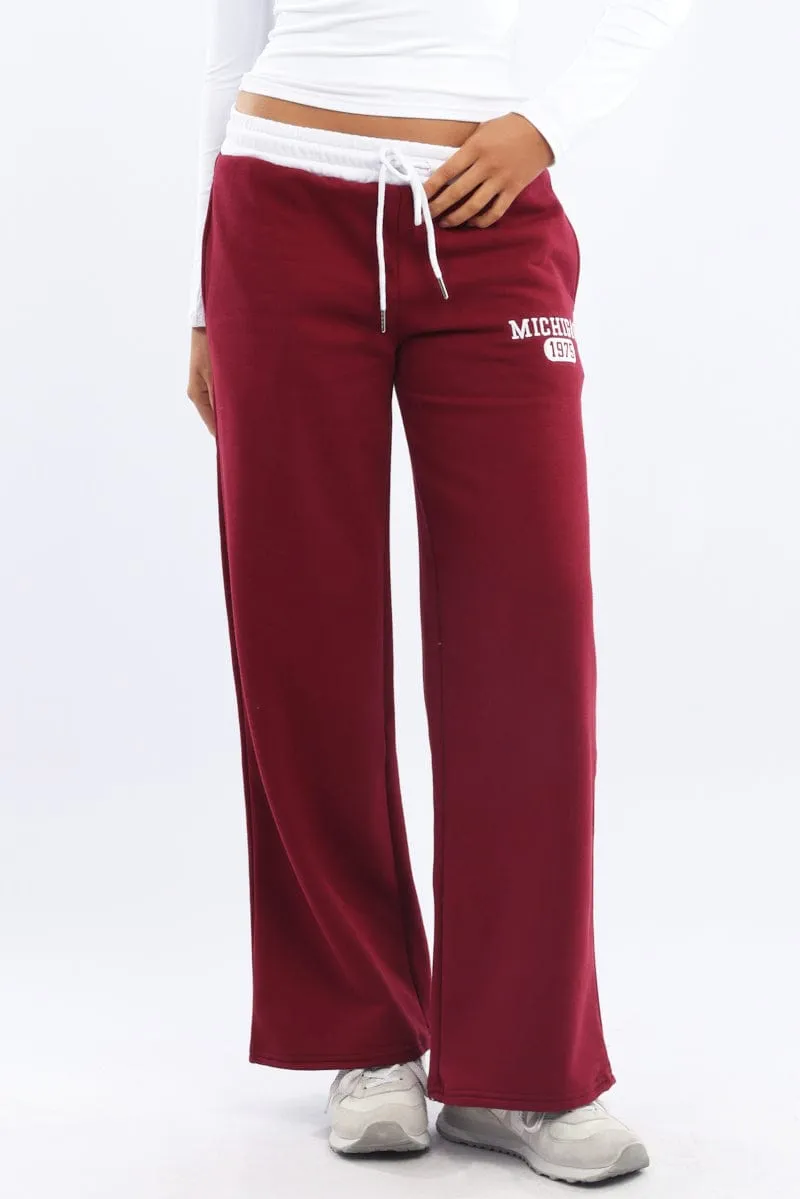 Stylish Cut Curved Waistline Red Track Pants Wide Leg