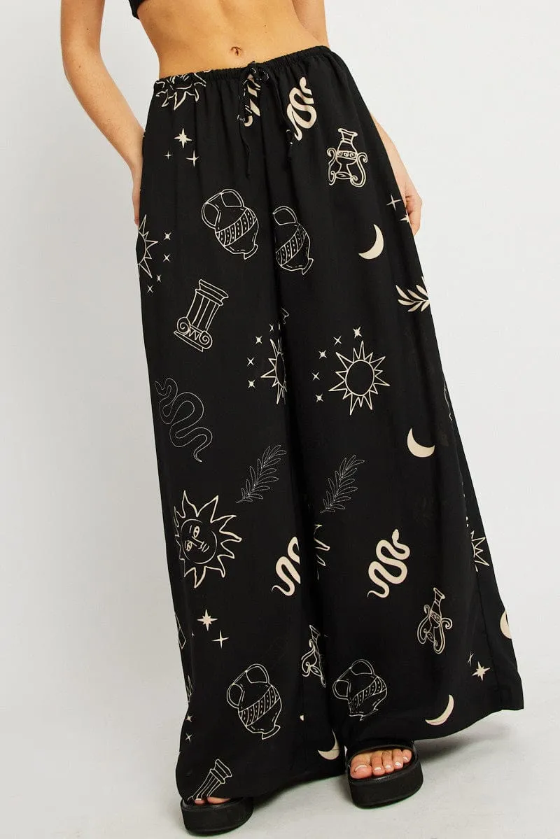 Black Abstract Wide Leg Pants High Rise Casual Comfort Layers Anti Chafe Lining