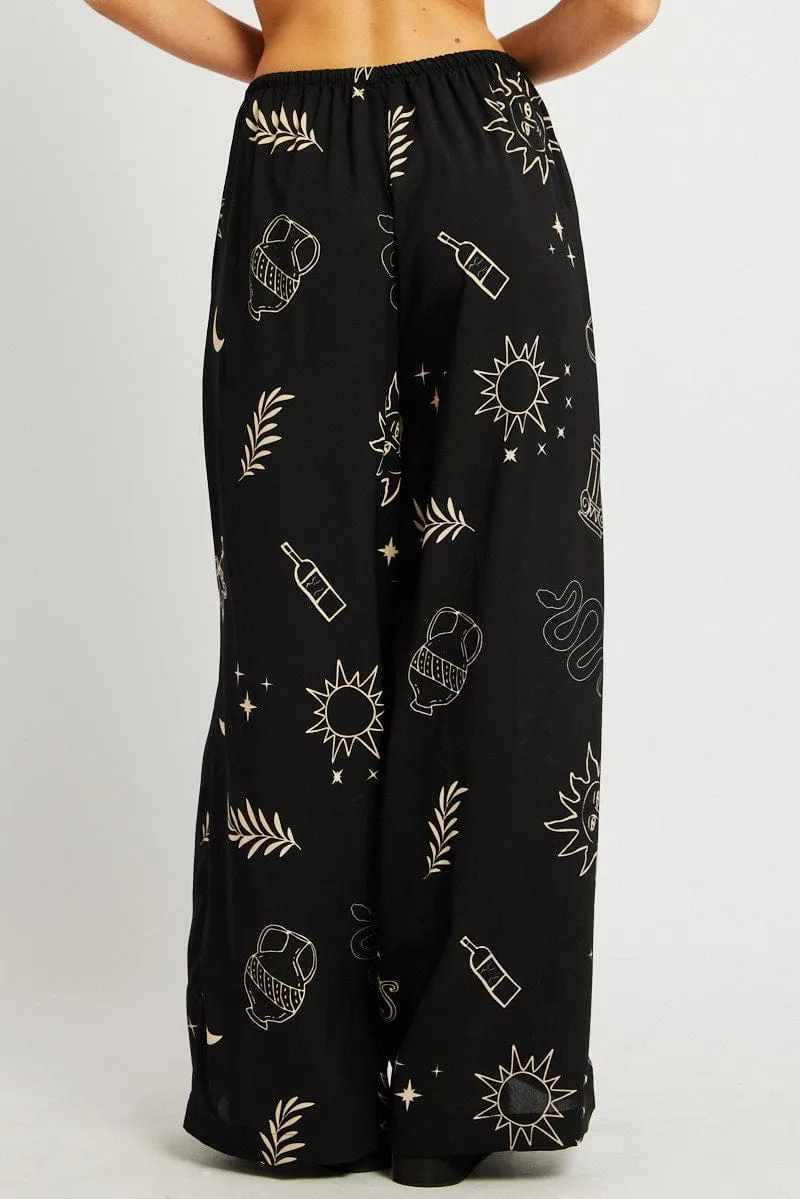 Black Abstract Wide Leg Pants High Rise FadeResistantTreatment