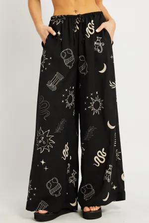 Comfort Design Everyday Comfort Black Abstract Wide Leg Pants High Rise