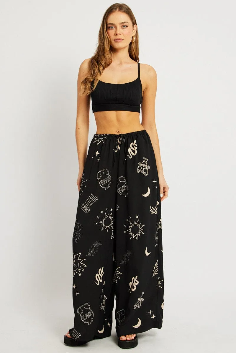 Black Abstract Wide Leg Pants High Rise Travel Friendly