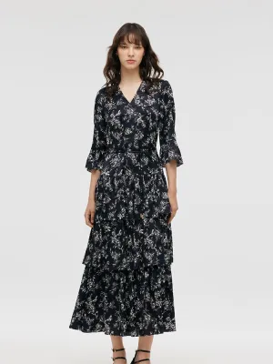 Butterflies Print Tiered Women Maxi Dress Reflective details Airtight Zipper