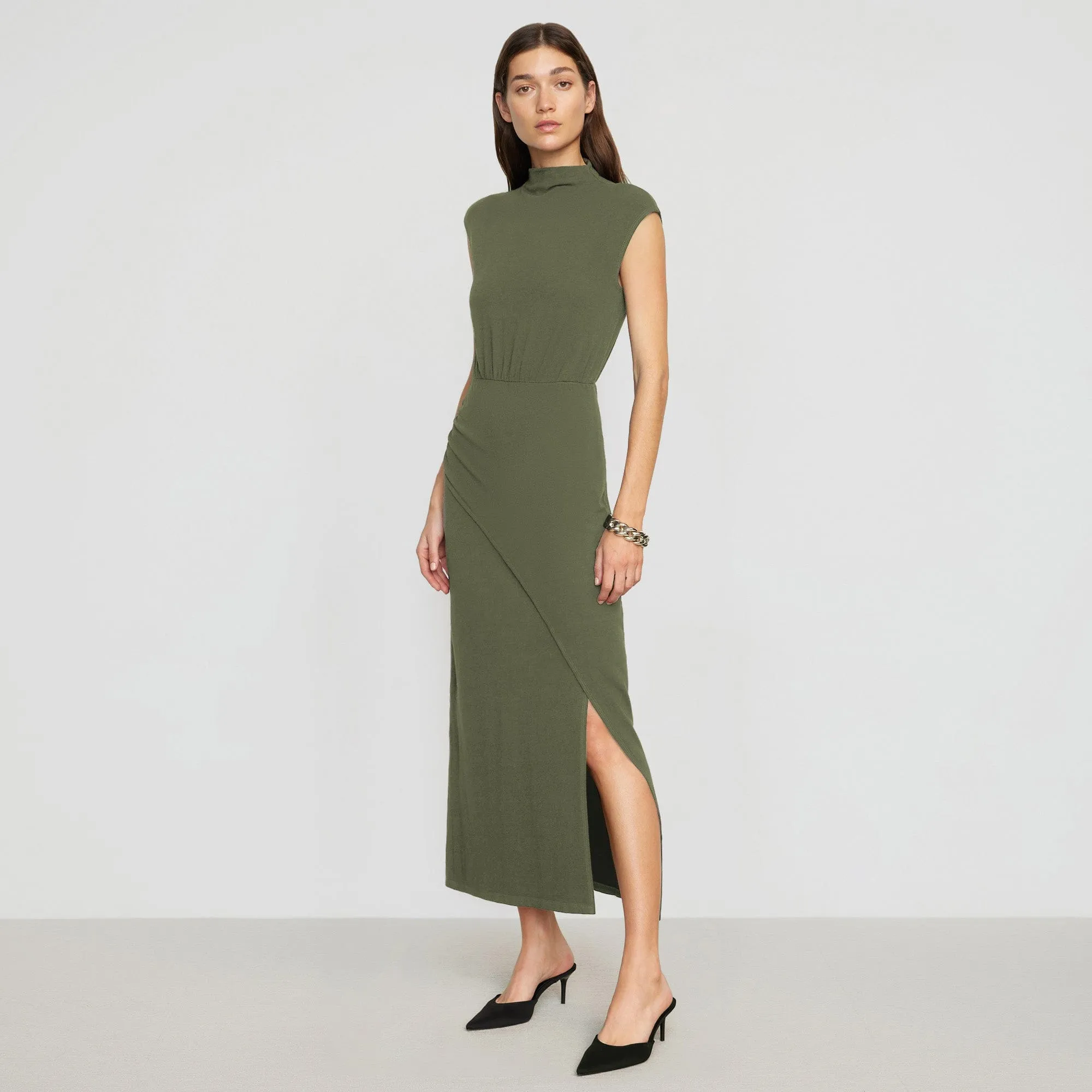 Multi-Purpose Wear Relaxed Jeans Yimei Mock-Neck Side-Slit Dress