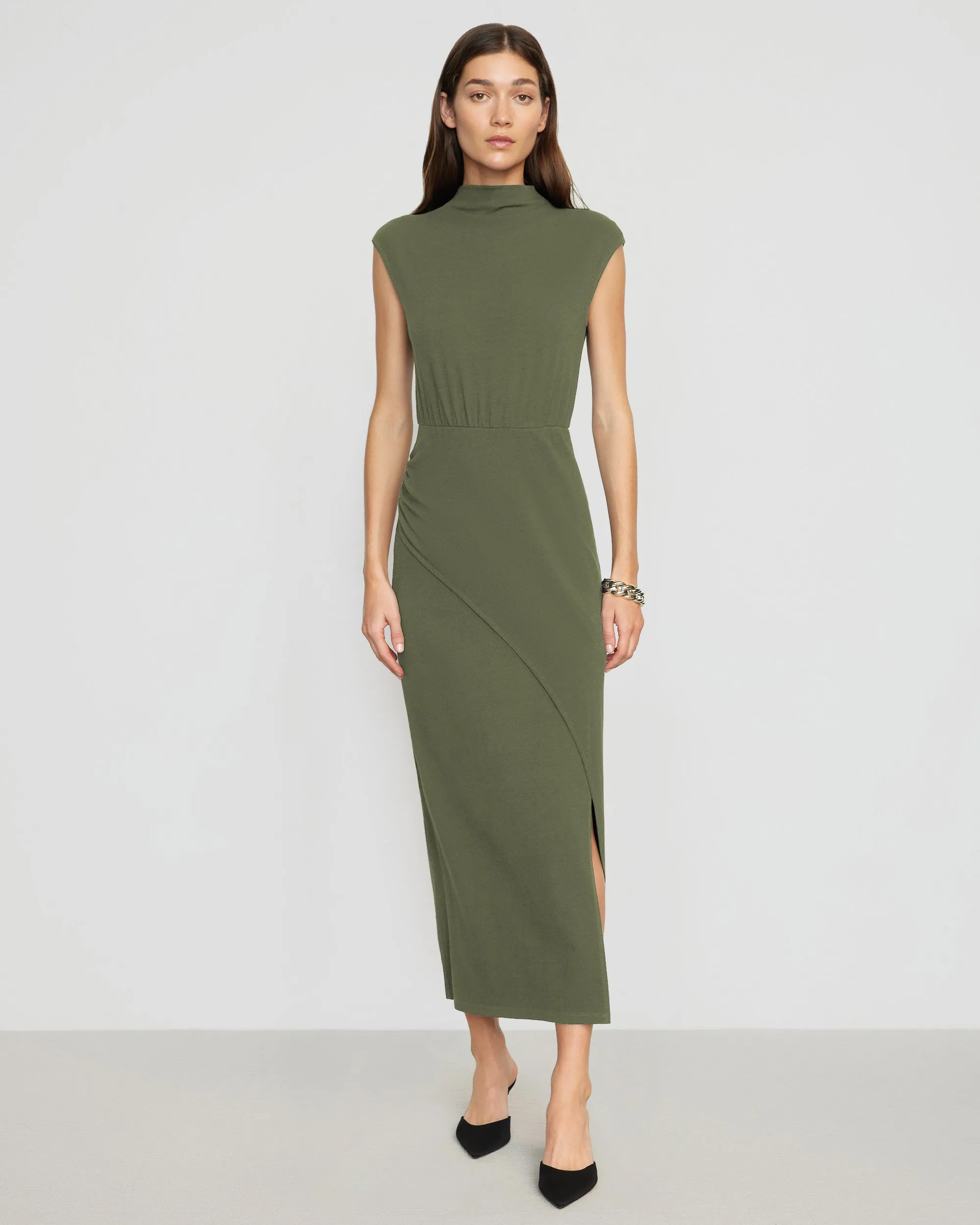 HighDensityWeave Urban Flow Yimei Mock-Neck Side-Slit Dress