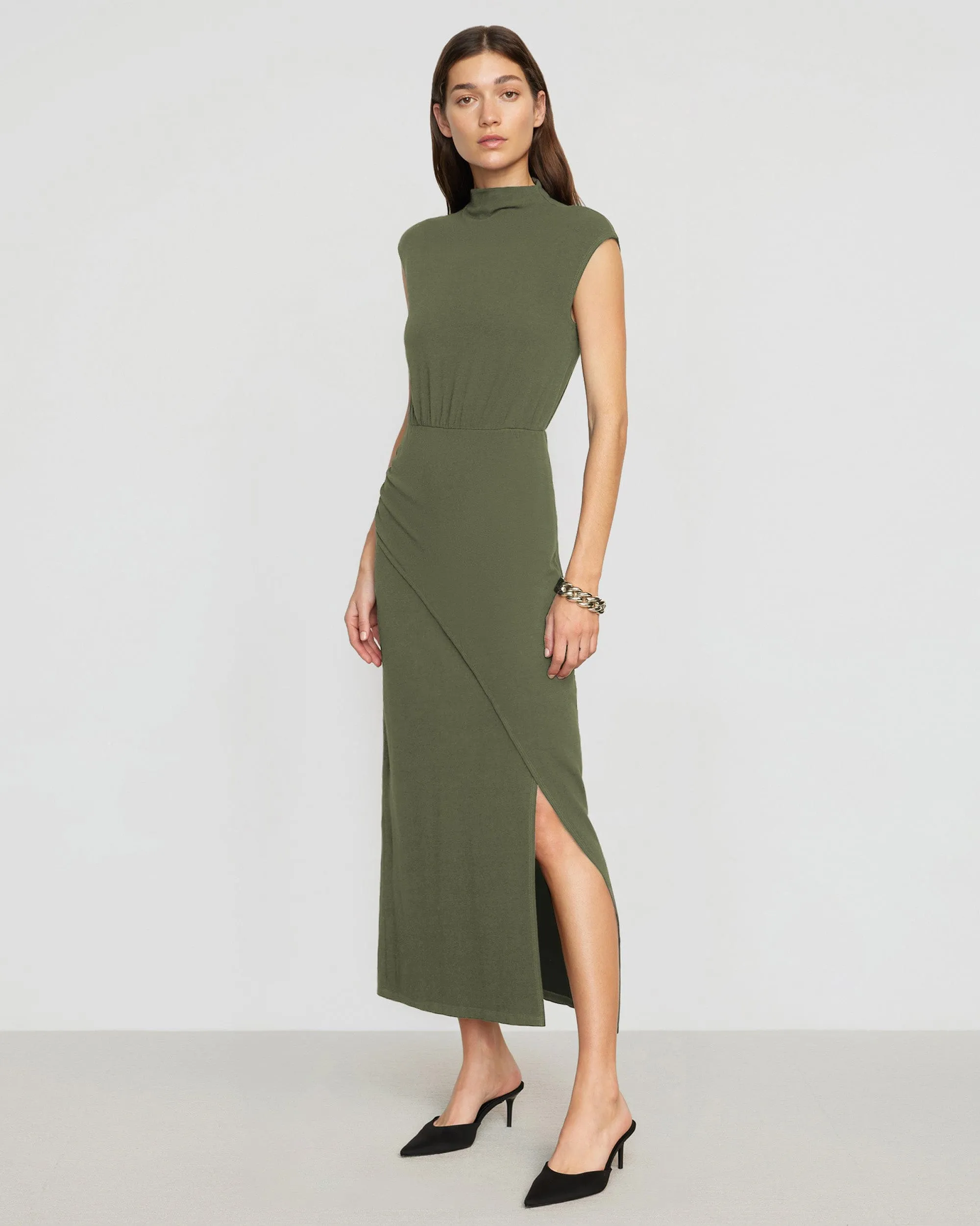 Yimei Mock-Neck Side-Slit Dress Light Pants