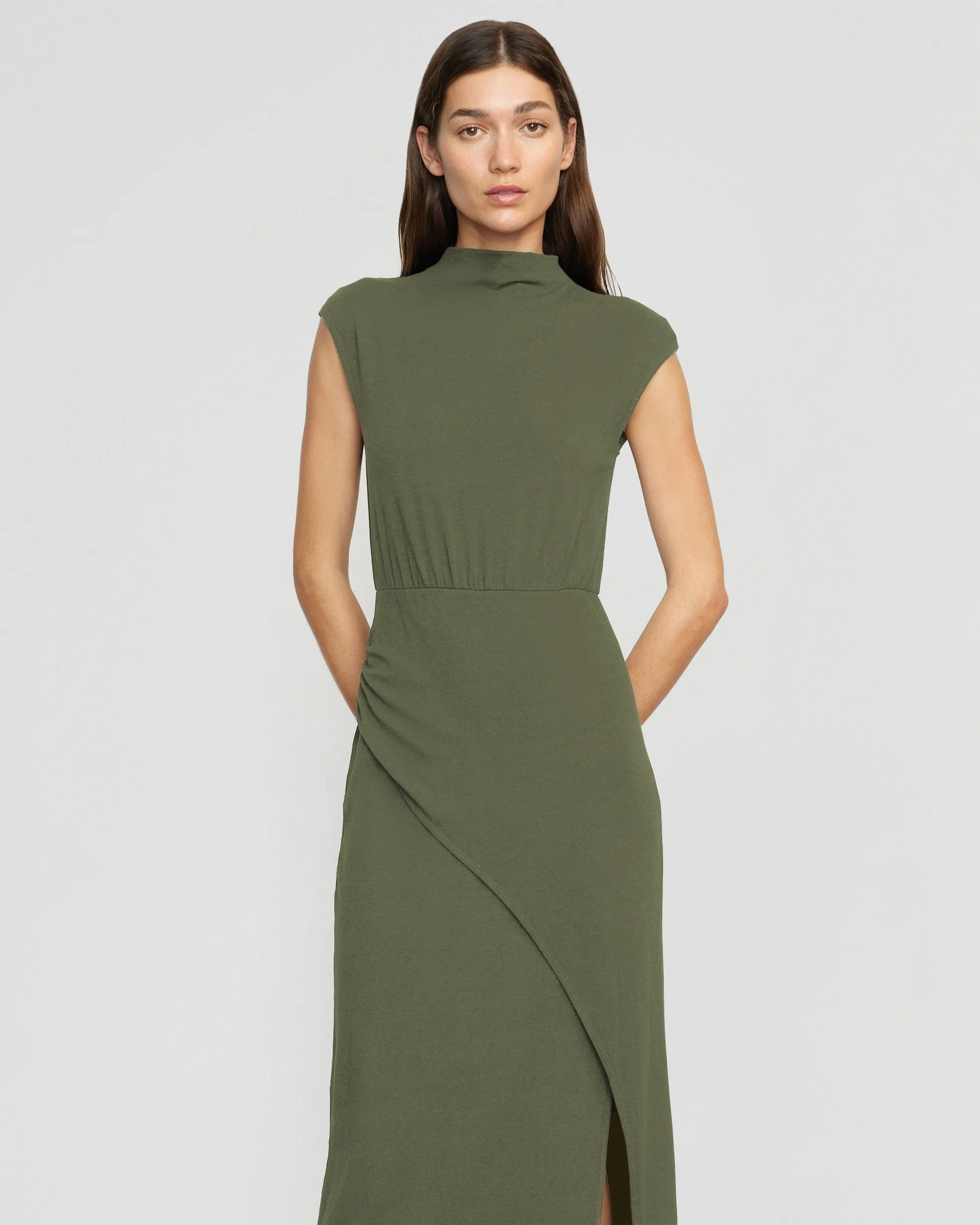 Yimei Mock-Neck Side-Slit Dress Trendy Design Luxury Touch