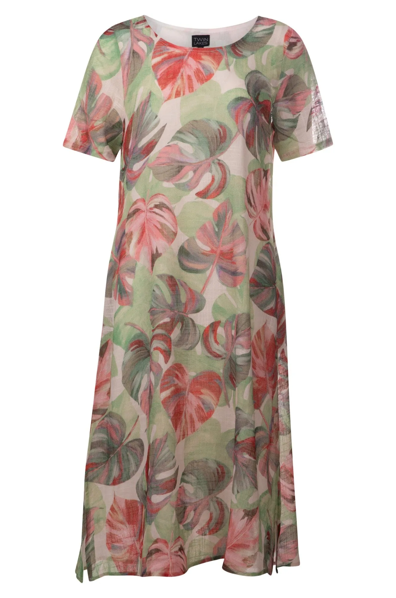 SoftTouch Texture 100% Cotton Dress with side splits | SAGE PINK PALM | 6274A1