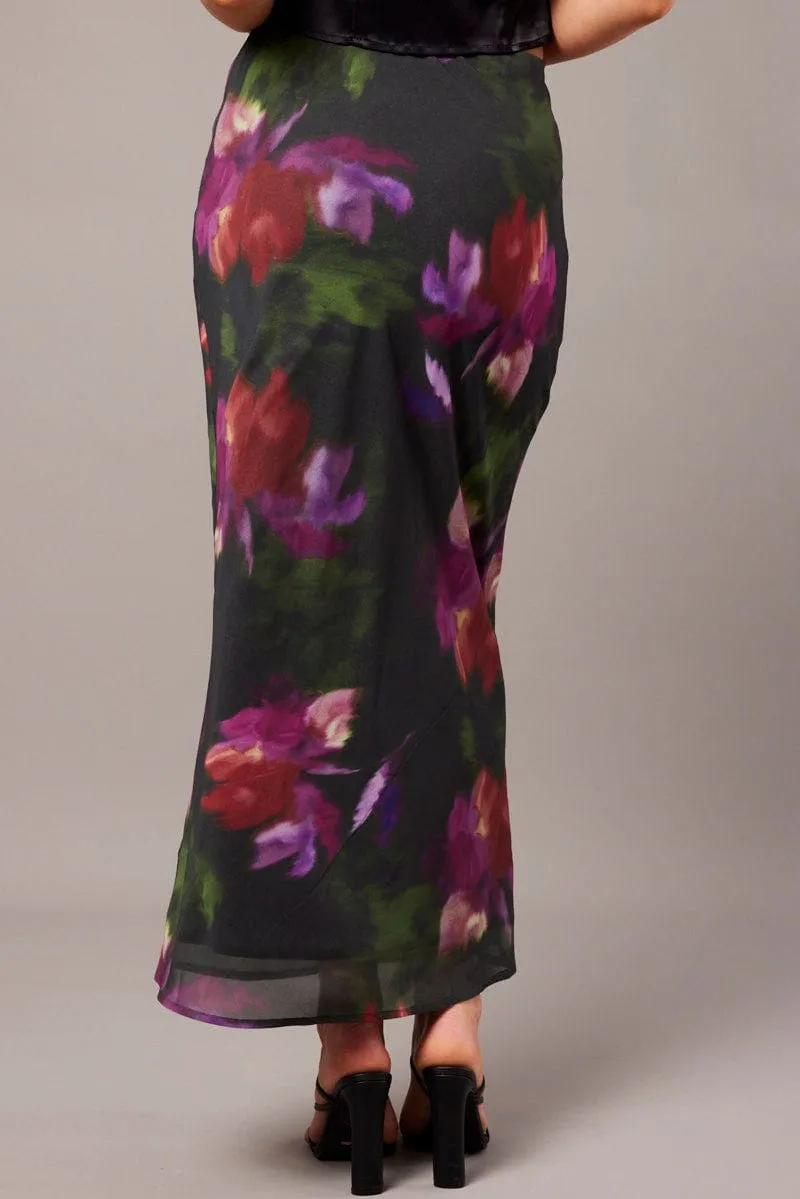 Crisscross Back Side Pockets Multi Floral Slip Skirt Maxi