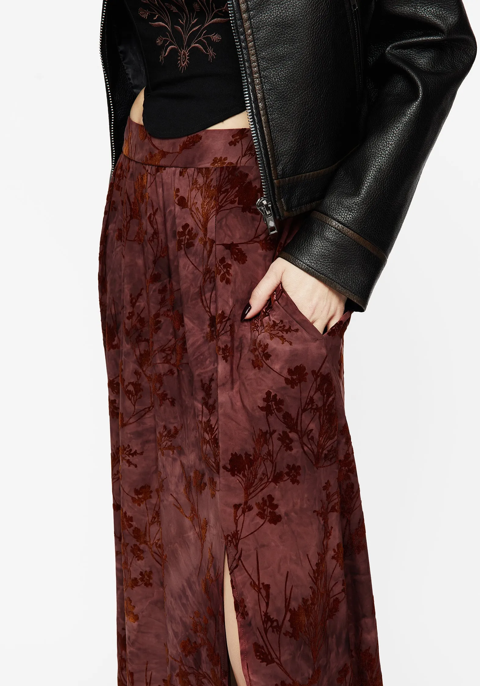 Wytchelm Floral Flocked Velour Midaxi Skirt - Red One size fits most Slow Fashion