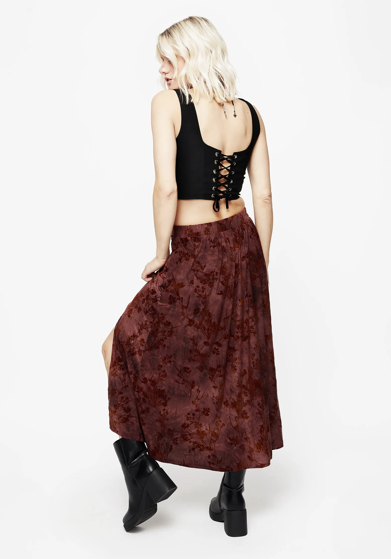 Fresh Detail Ombre effect Wytchelm Floral Flocked Velour Midaxi Skirt - Red
