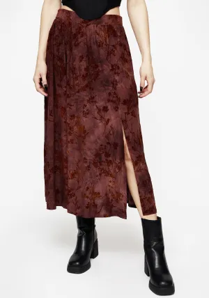 Wytchelm Floral Flocked Velour Midaxi Skirt - Red Soft Palette