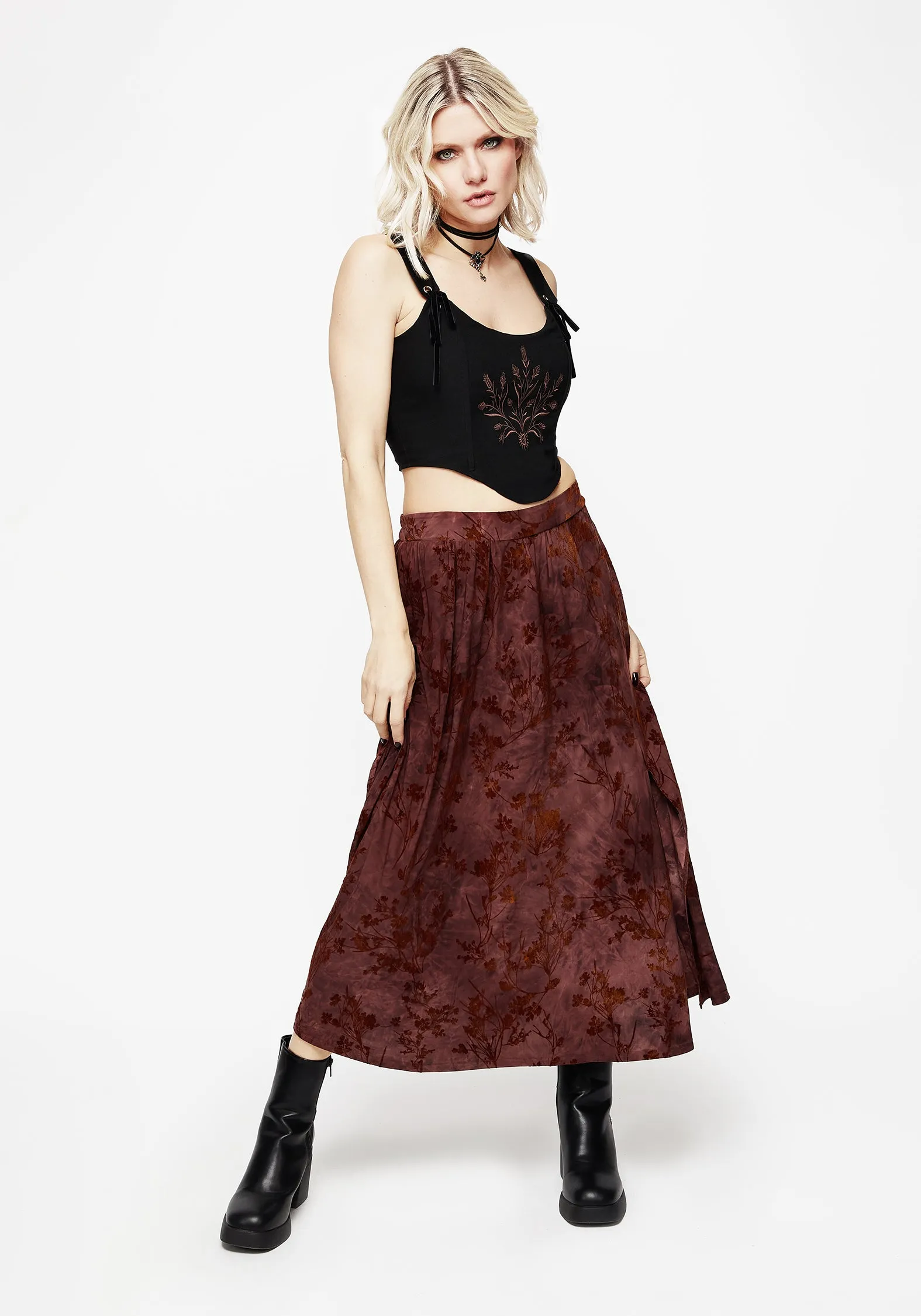 Wytchelm Floral Flocked Velour Midaxi Skirt - Red Crisp Fit Water Repellent