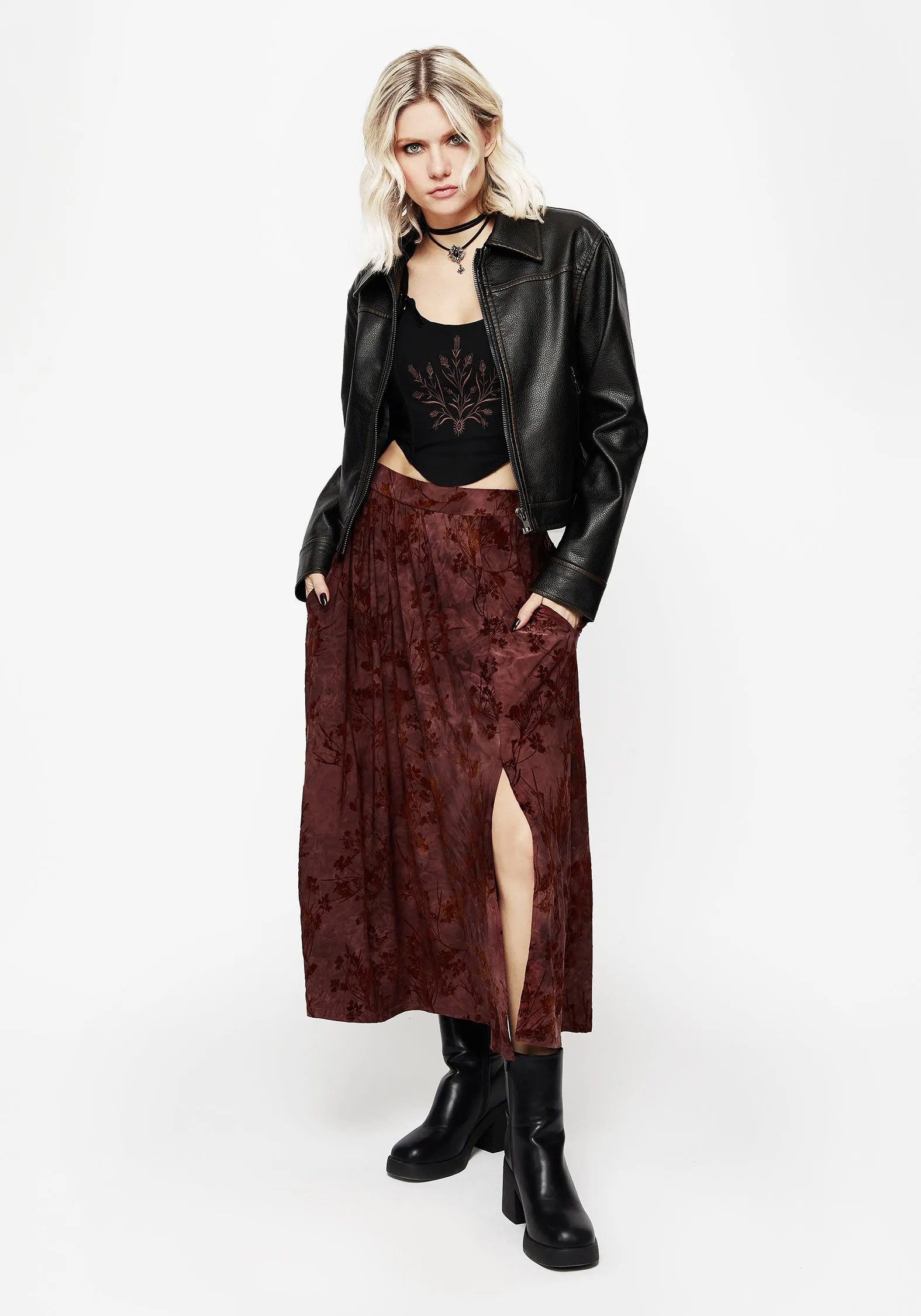 Tonal Layering button detail Wytchelm Floral Flocked Velour Midaxi Skirt - Red