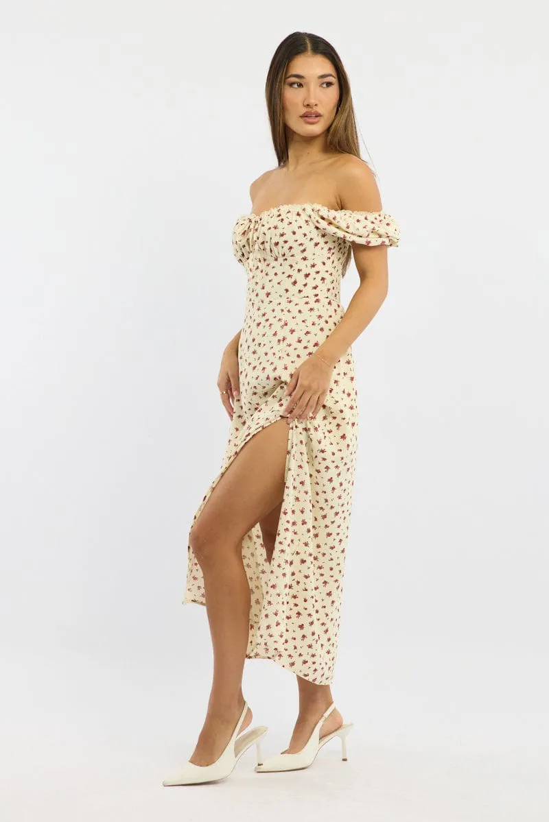 Beige Ditsy Midi Dress Short Sleeve Side Split Stylish Casual