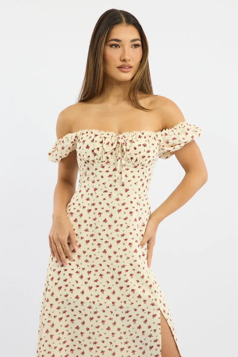 Airy Mood Beige Ditsy Midi Dress Short Sleeve Side Split