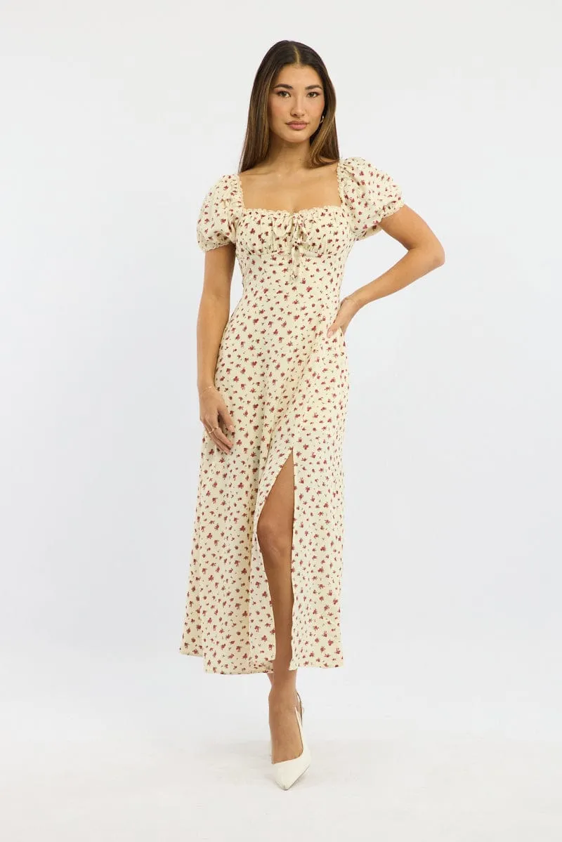 Flattering dress for all body shapes Field Glow Beige Ditsy Midi Dress Short Sleeve Side Split