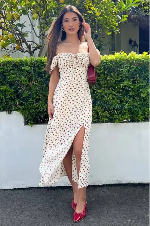 Beige Ditsy Midi Dress Short Sleeve Side Split Stylish Comfort