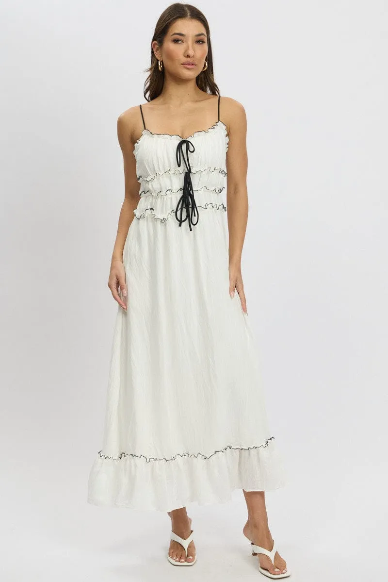 White Midi Dress Contrast Tie Elegant Mom Work Ready Outfit