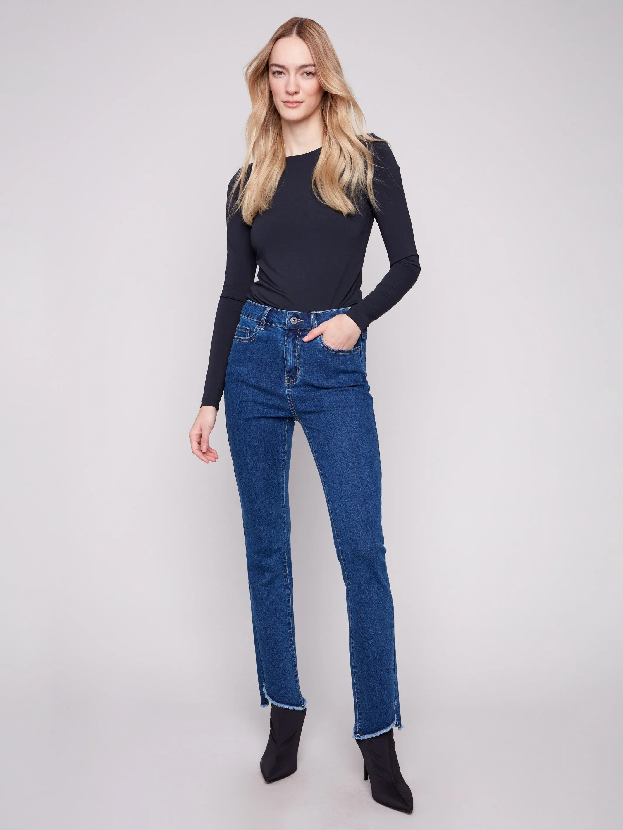 Style Focus Weekend Style Rainy Day Bootcut Jeans With Asymmetrical Hem - Indigo