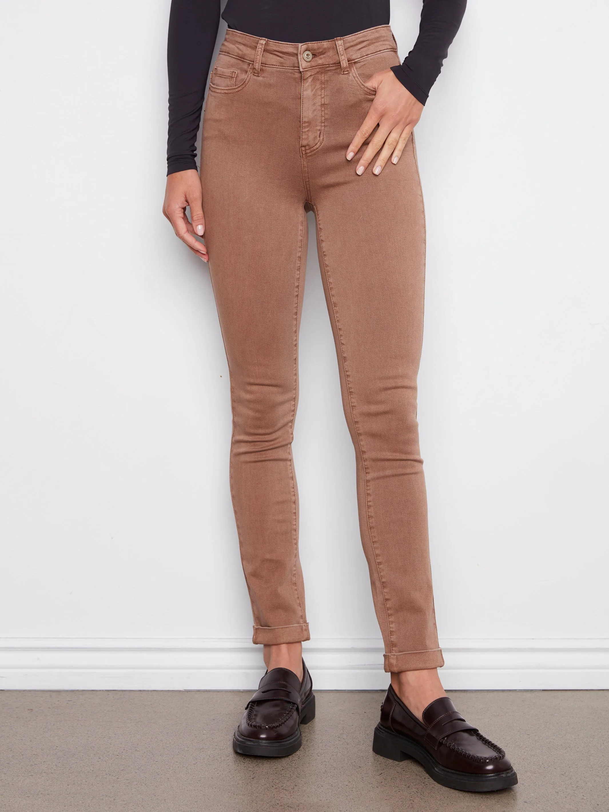 Anti Slip Belt Loops Cuffed Hem Twill Jeans - Truffle