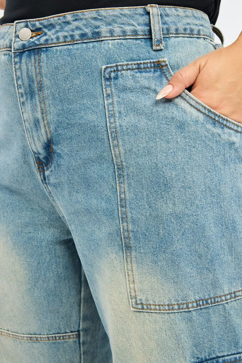 Denim Cargo Jeans Mid Rise Smooth Feel