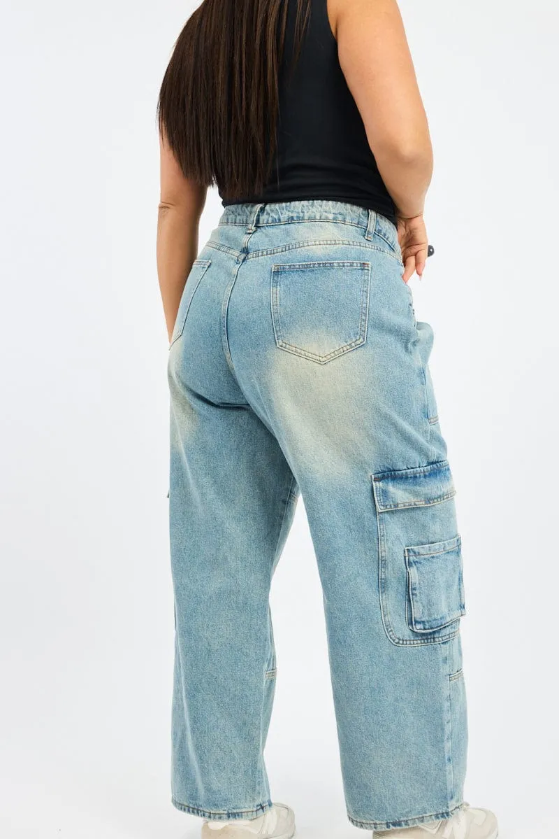 Weekend Style Classic Appeal Denim Cargo Jeans Mid Rise