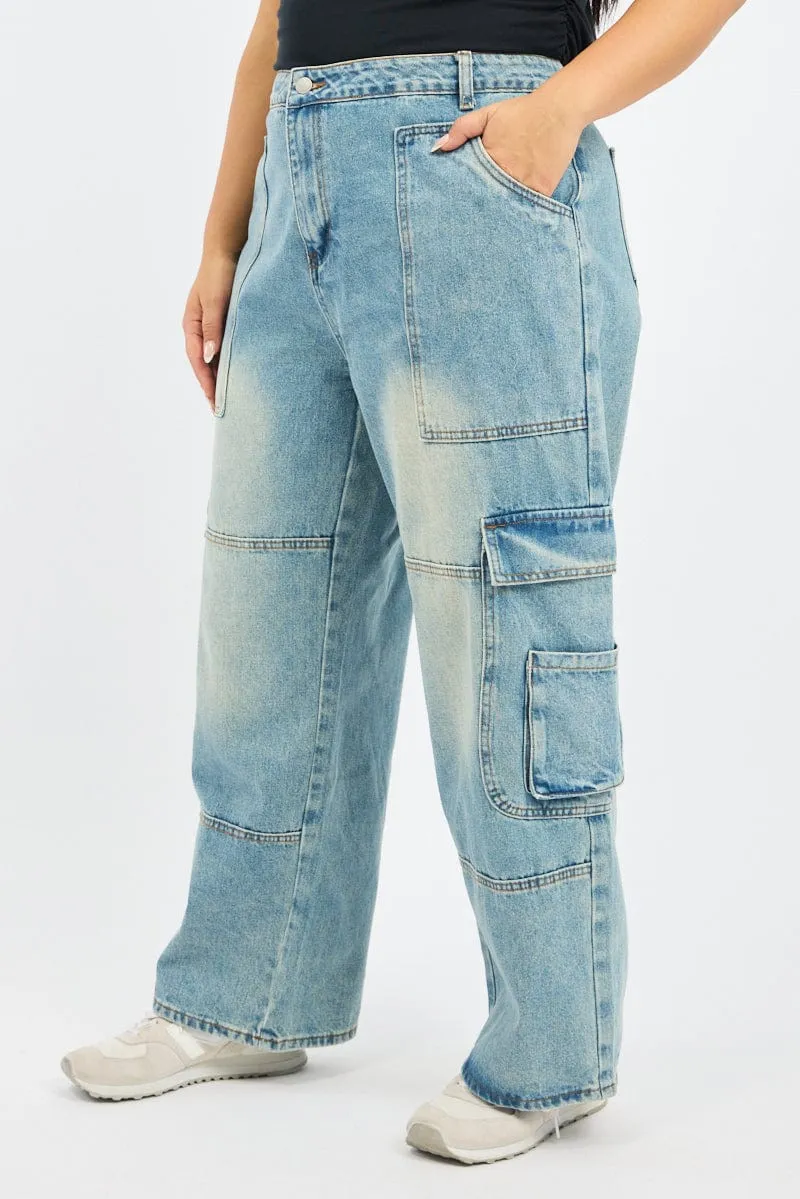 Denim Cargo Jeans Mid Rise Universal Style