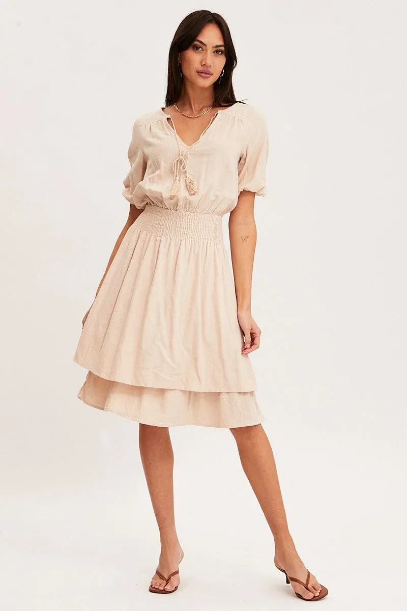 Beige Midi Dress Short Sleeve V Neck Metro Stop Fashion Forward