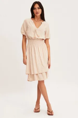Beige Midi Dress Short Sleeve V Neck Blue Hour Wardrobe Staple