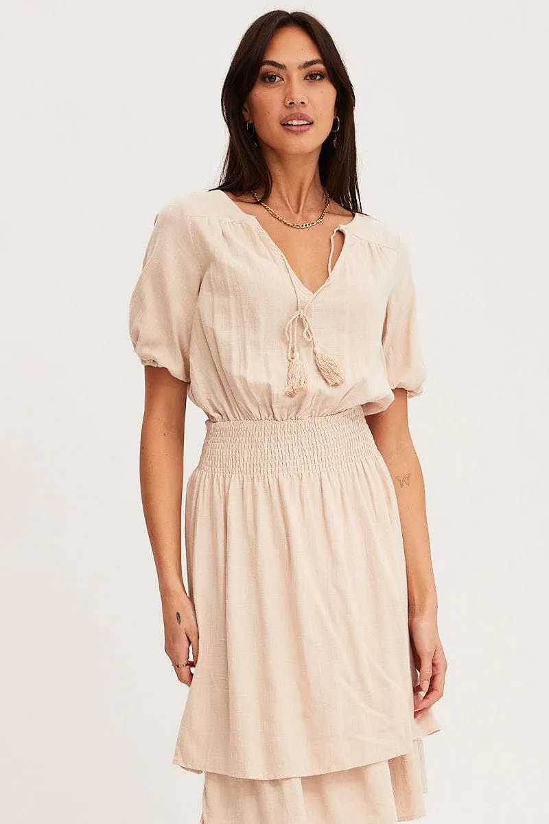 Urban Ease Picnic Shade Beige Midi Dress Short Sleeve V Neck