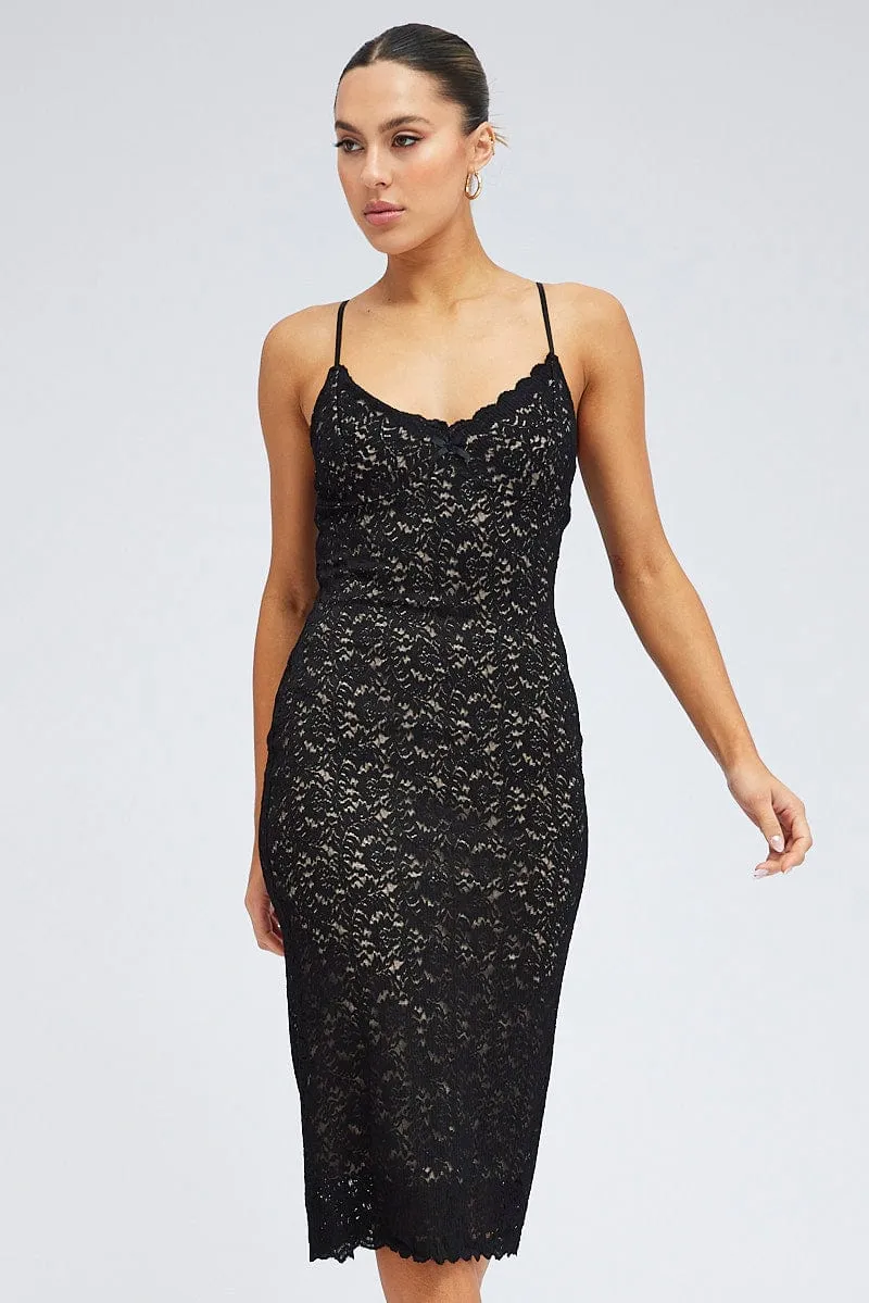 All Day Elegance Versatile Wardrobe Black Midi Dress Sleeveless V-Neck Bodycon Lace Stretch