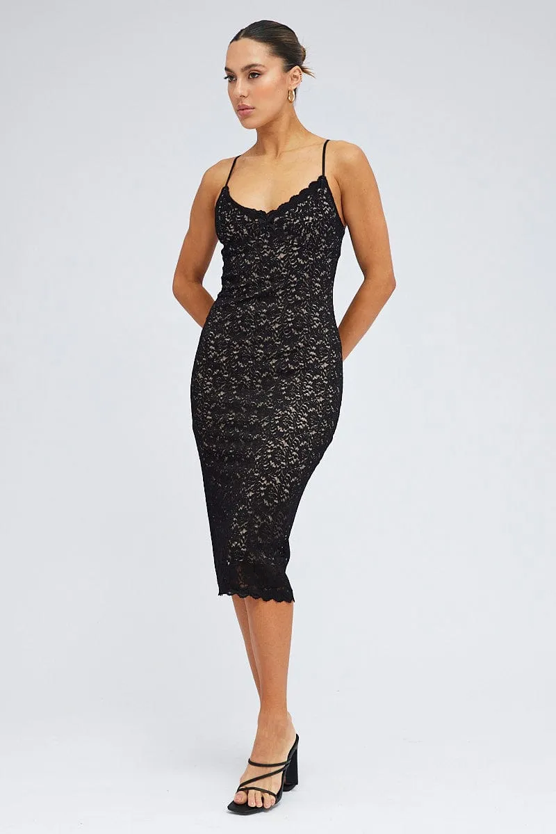 Black Midi Dress Sleeveless V-Neck Bodycon Lace Stretch Leaf Song