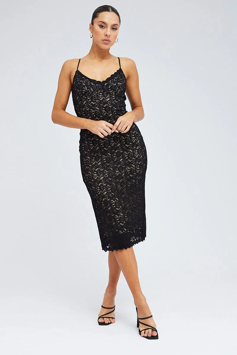 Emerald Glow Black Midi Dress Sleeveless V-Neck Bodycon Lace Stretch