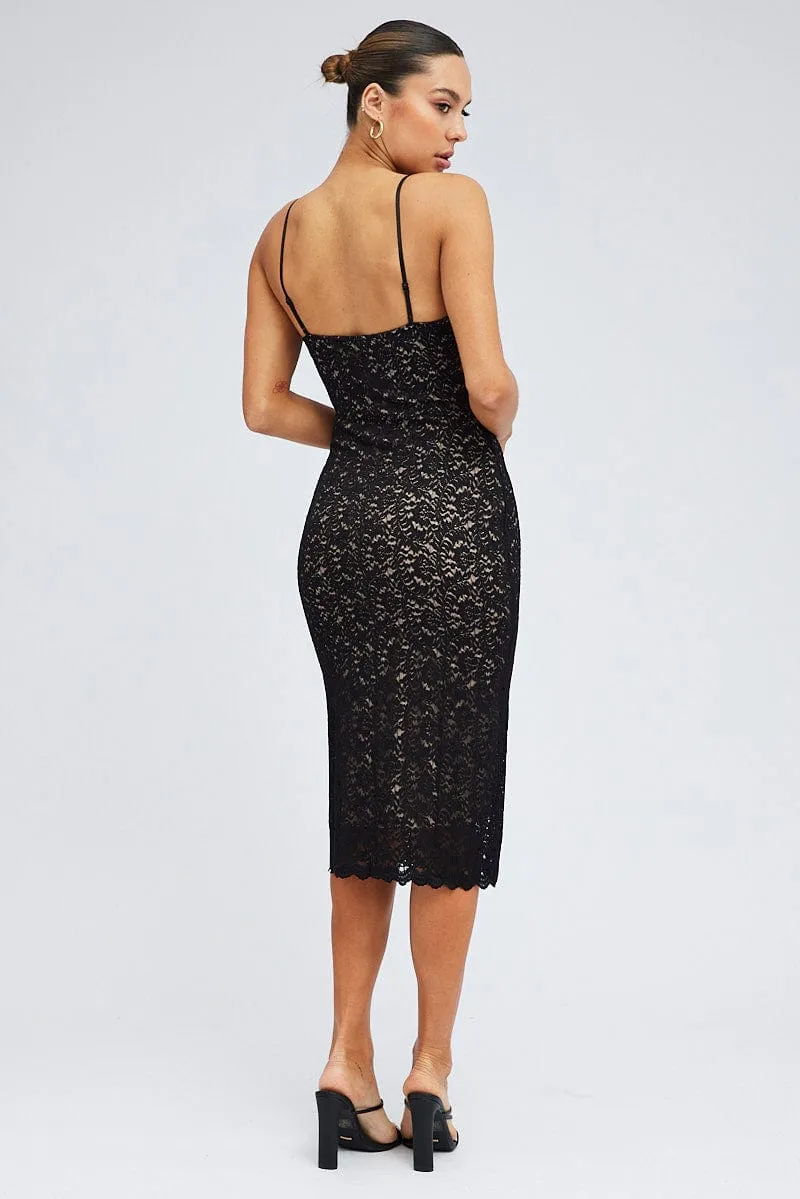 All Day Feminine Appeal Black Midi Dress Sleeveless V-Neck Bodycon Lace Stretch
