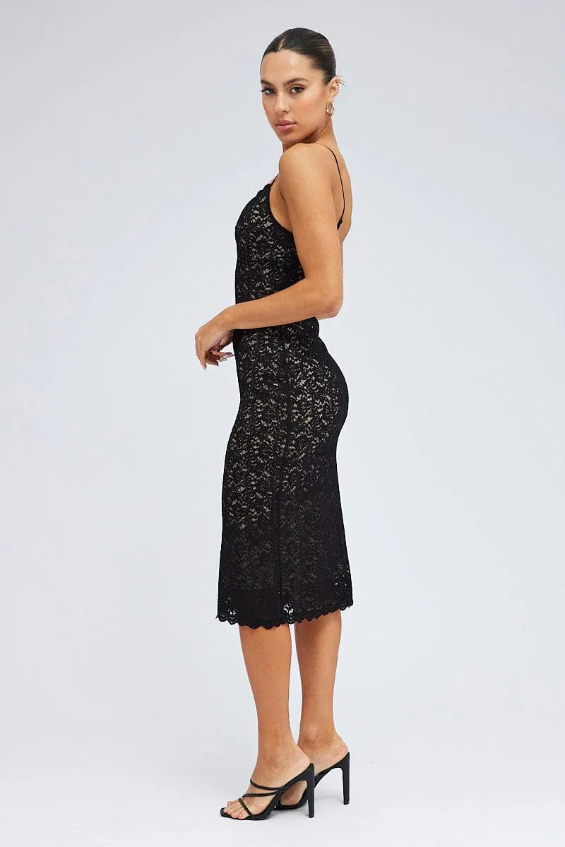 Fashionable details Black Midi Dress Sleeveless V-Neck Bodycon Lace Stretch