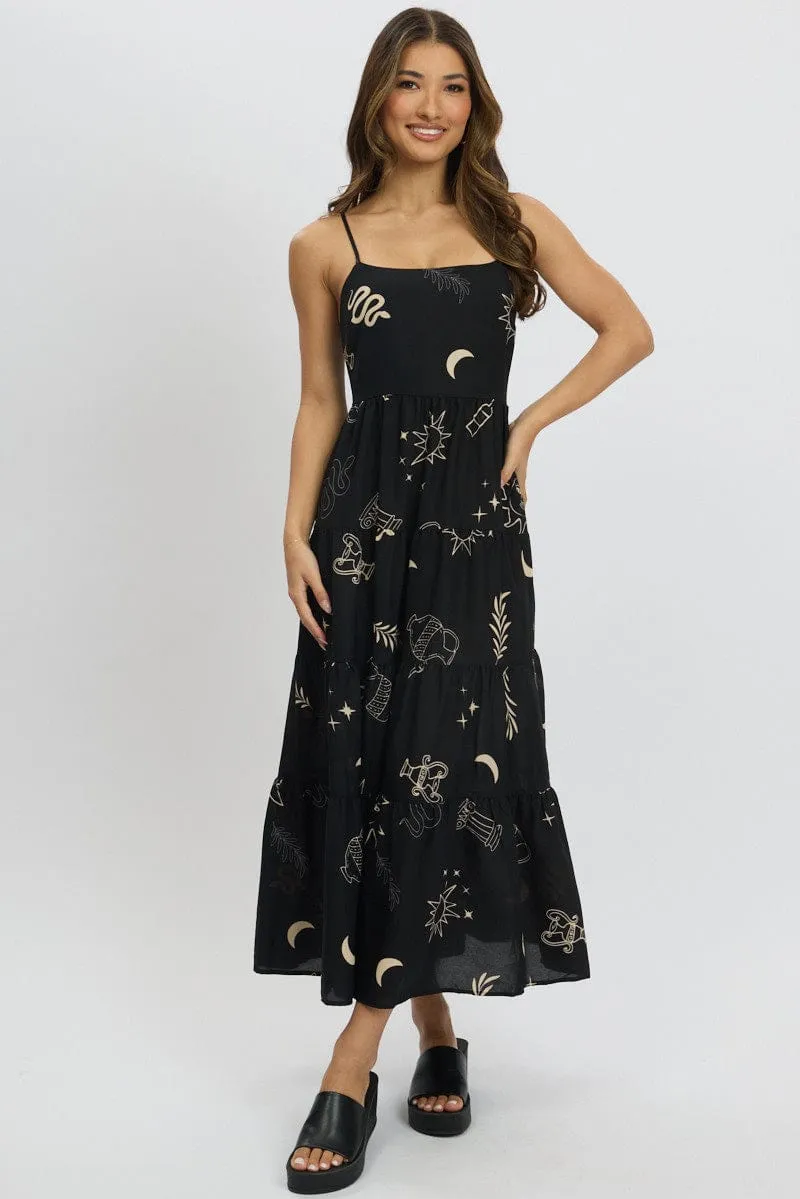 Everyday Comfort Effortless Style Black Abstract Midi Dress Tiered Strappy