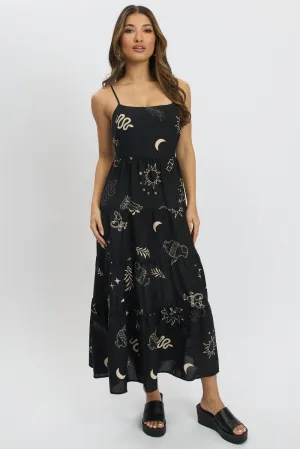 Bridal Mood Stylish Details Black Abstract Midi Dress Tiered Strappy