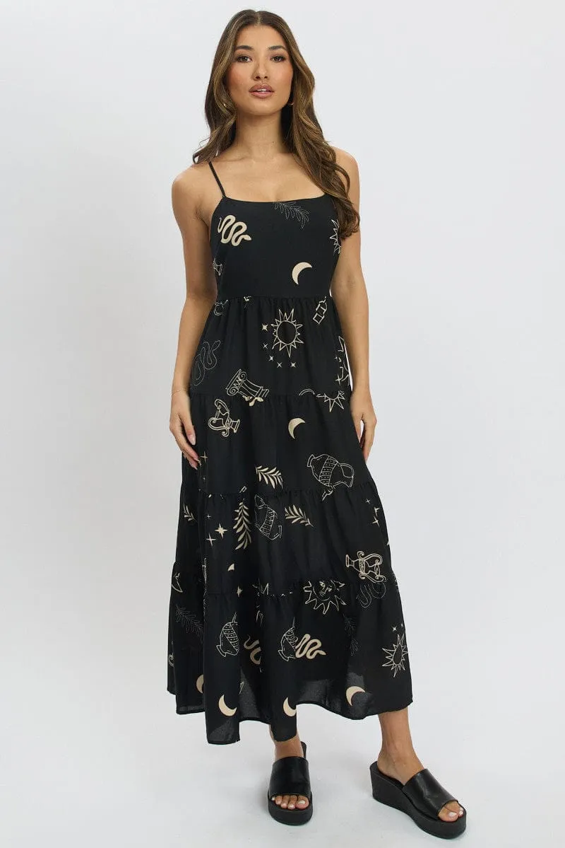Bridal Mood Stylish Details Black Abstract Midi Dress Tiered Strappy