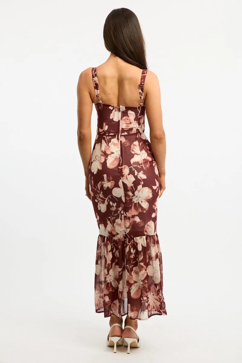 Temple Way Black Floral Midi Dress Hem Frill