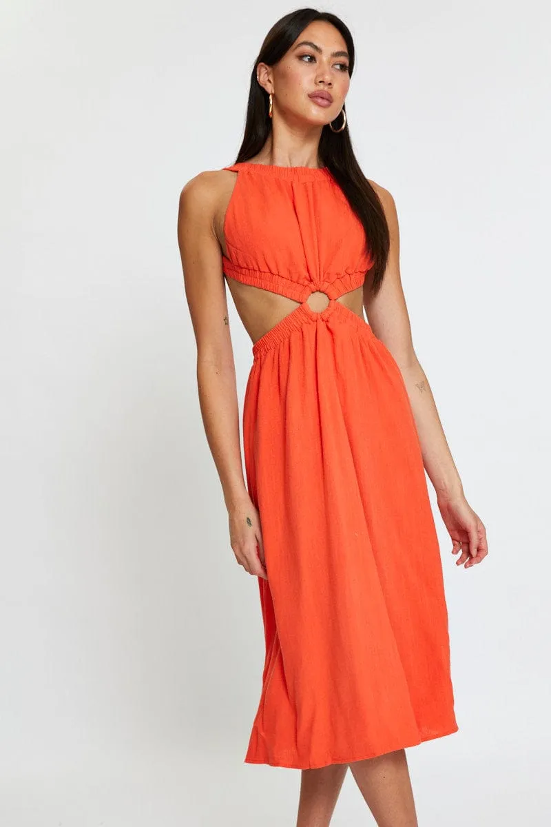 Orange Midi Dress Sleeveless Sophisticated Fit Trendy versatile dress