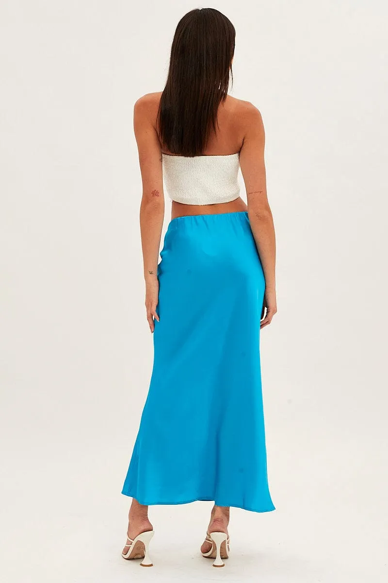 Side Slit Multi Purpose Fabric Blue Slip Skirt Maxi High Rise Satin