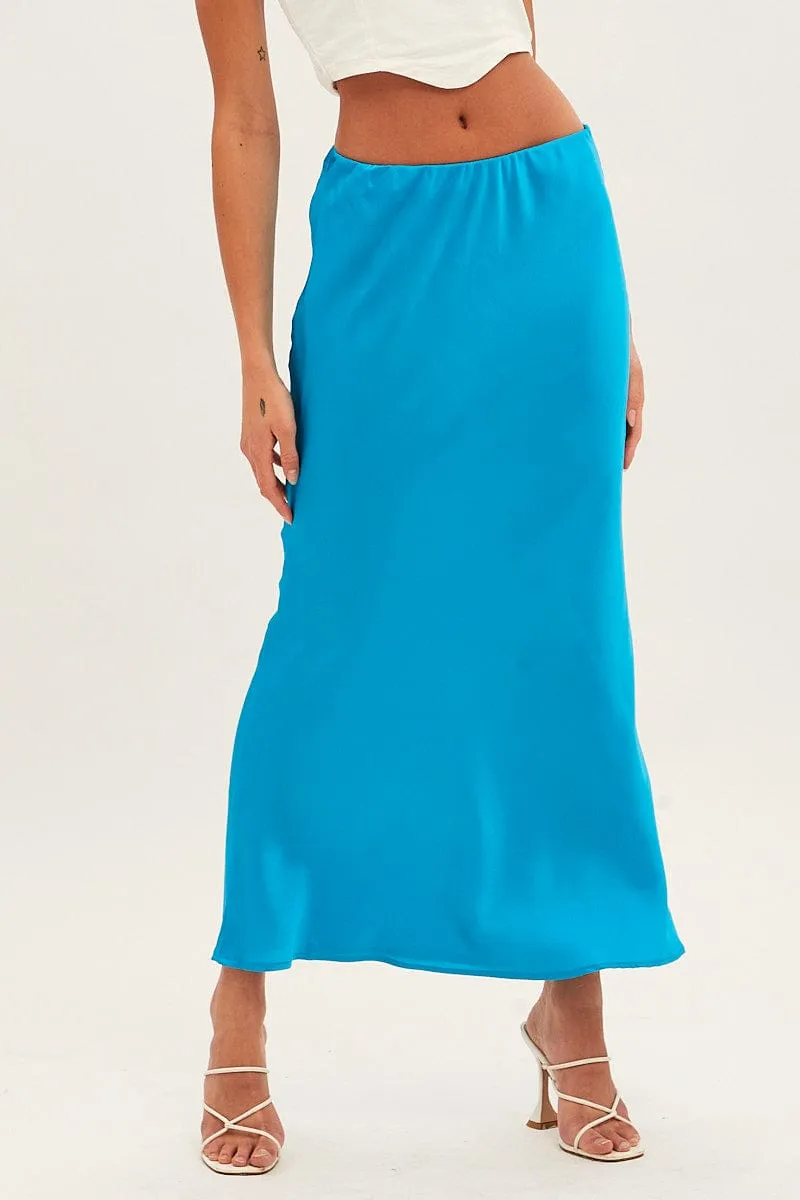 Blue Slip Skirt Maxi High Rise Satin Smooth Texture